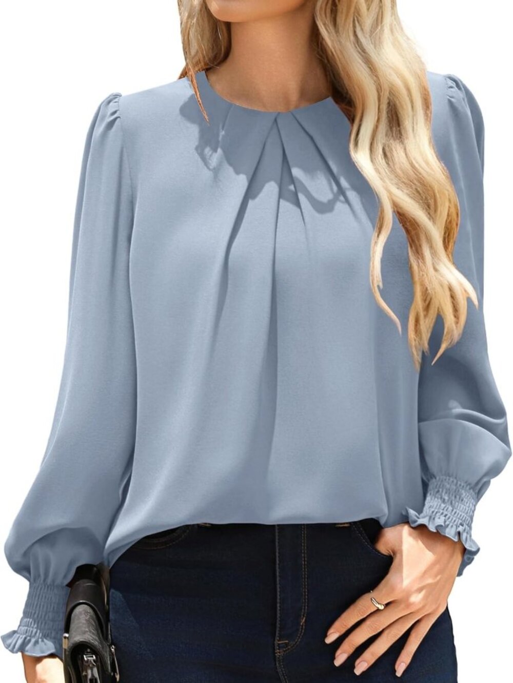 Chic Women's Pleated Long Sleeve Blouse - Dressy Casual Office Work Top